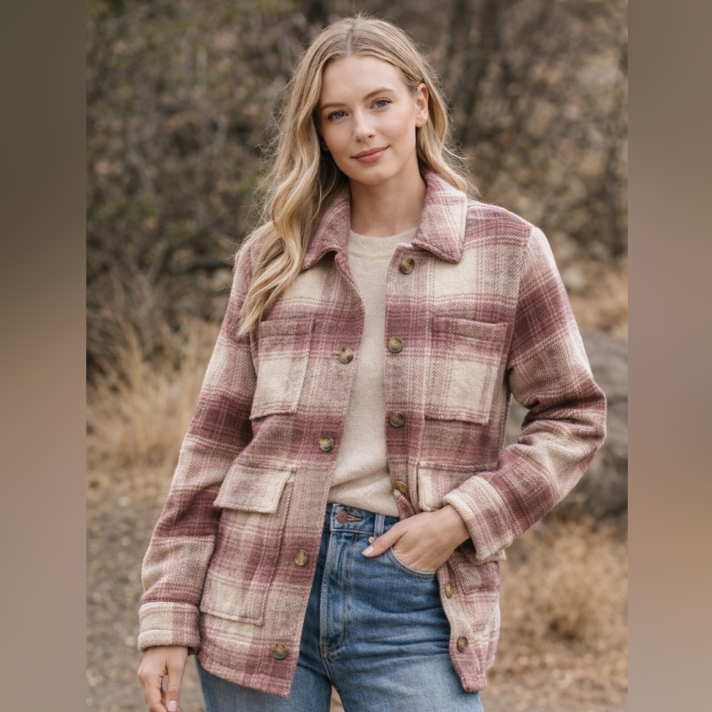 American Eagle Women’s Plaid Flannel Sweater Jacket In Pink And Cream